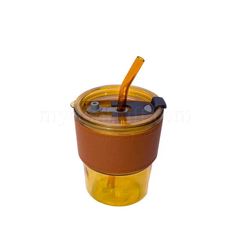 AA133 GORGOS Leather Grip Straw Glass Mug 400ml